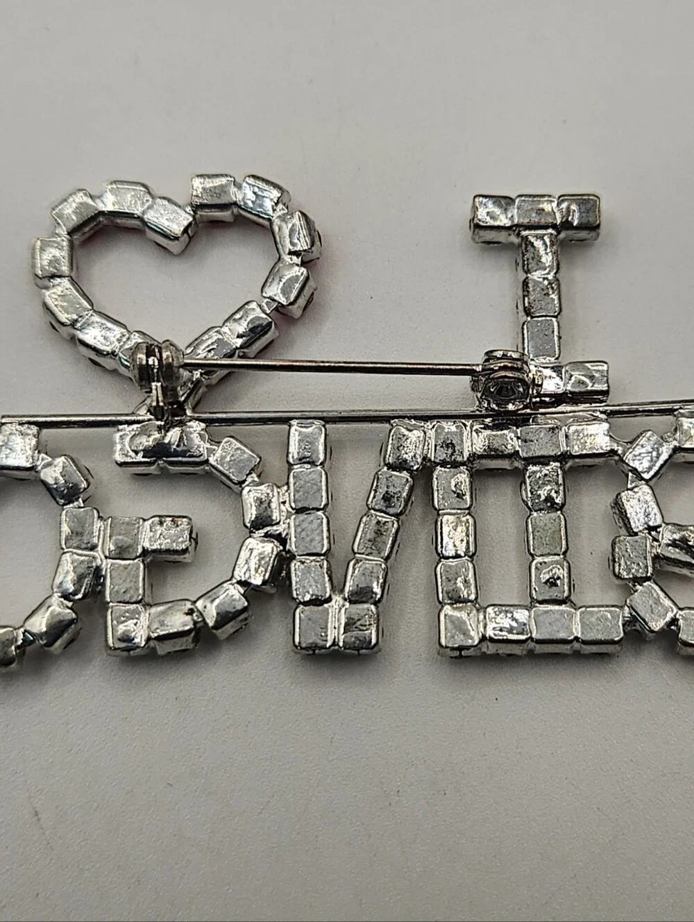 Vintage I Love Bingo Rhinestone Brooch Pin Red Heart Crystal Silver Tone Novelty